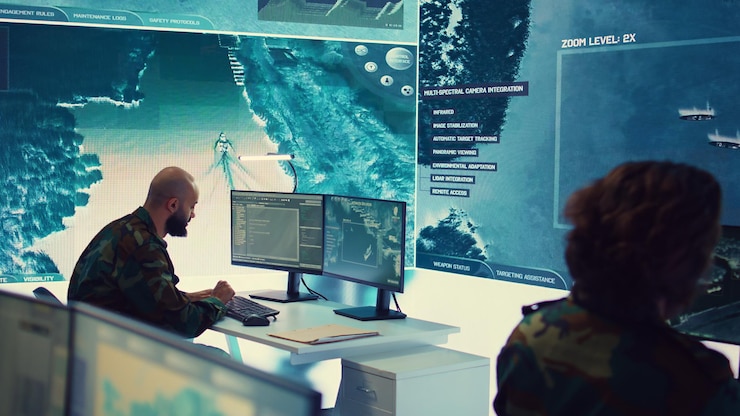Free Photo woman army officer coordinating special operations mission in command post