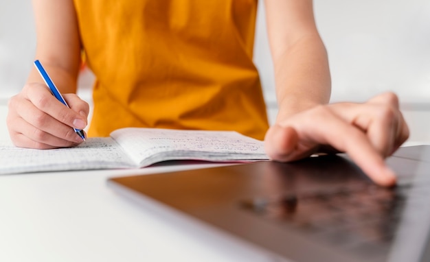 Woman attending online class close up