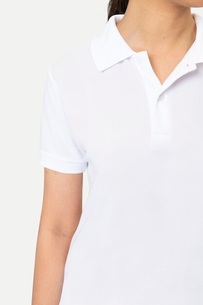 Woman in basic white polo shirt apparel studio shoot