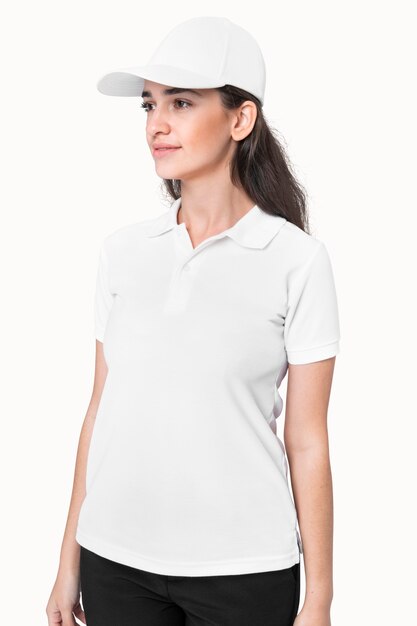 Woman in basic white polo shirt apparel studio shoot