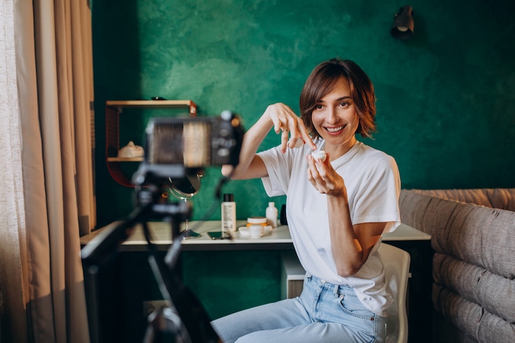 Free Photo woman beauty vlogger filming vlog about creams
