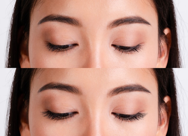Woman before and after eyelashes extensions