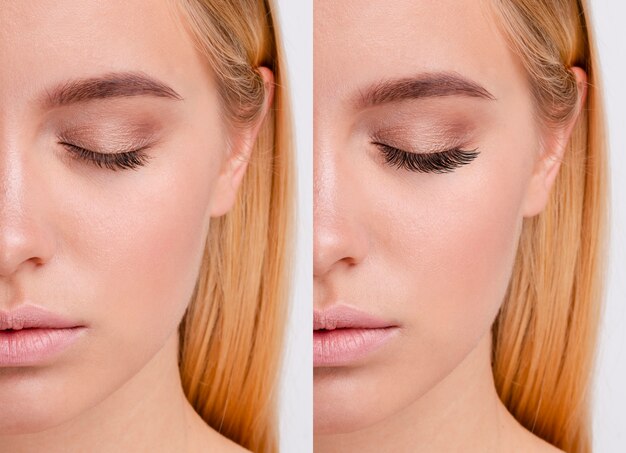 Woman before and after eyelashes extensions