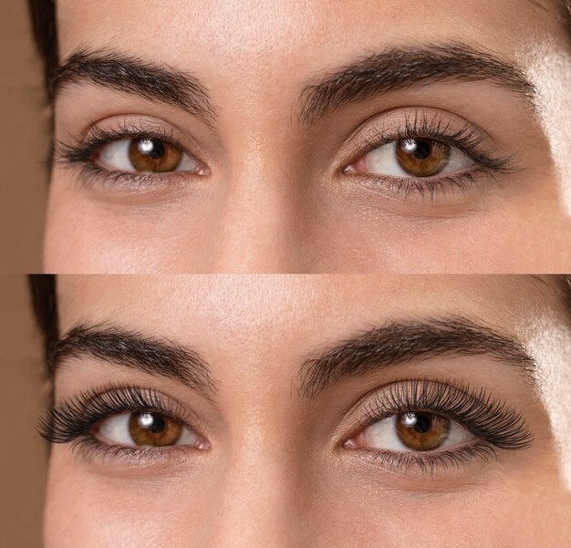 woman before and after eyelashes extensions