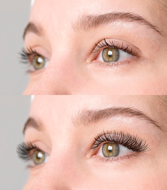 Woman before and after eyelashes extensions