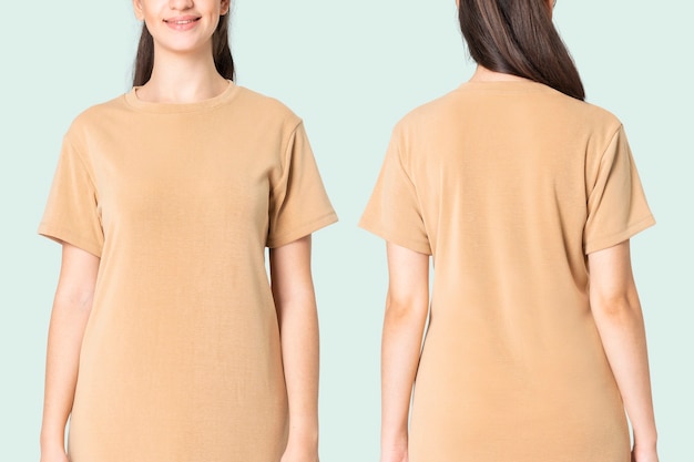 Foto gratuita donna in abito t-shirt beige abbigliamento casual moda corpo completo