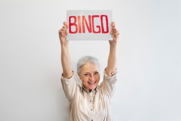 Woman being passionate about playing bingo