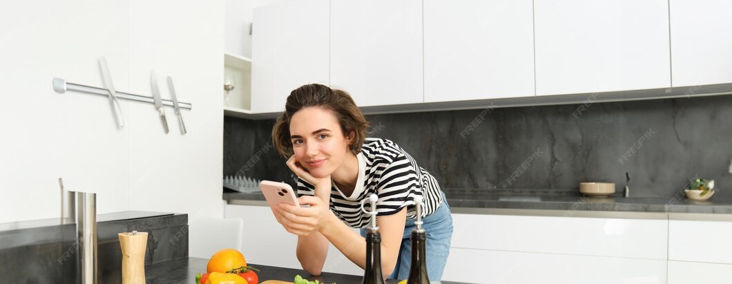 Free Photo Woman bending on kitchen counter with smartphone looking
