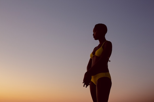 Foto gratuita donna in bikini che sta sulla spiaggia