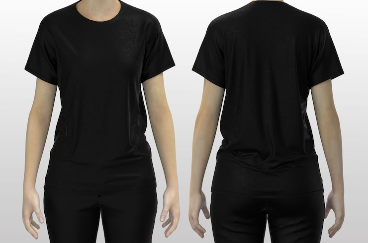 無料Photo 空白の黒いtシャツの女性、正面図と背面図