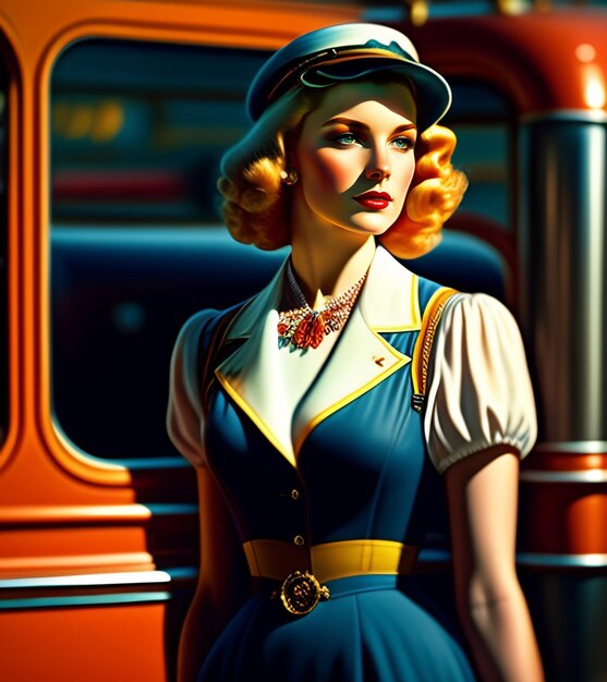 A woman in a blue dress and hat stands in front of a car.