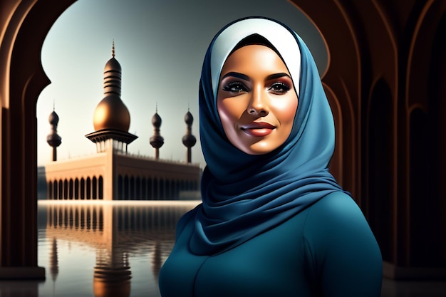 파란색 히잡을 쓴 여성이 모스크 앞에 서 있습니다.