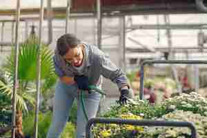 Free photo woman in a blue shirt pours flowerpots