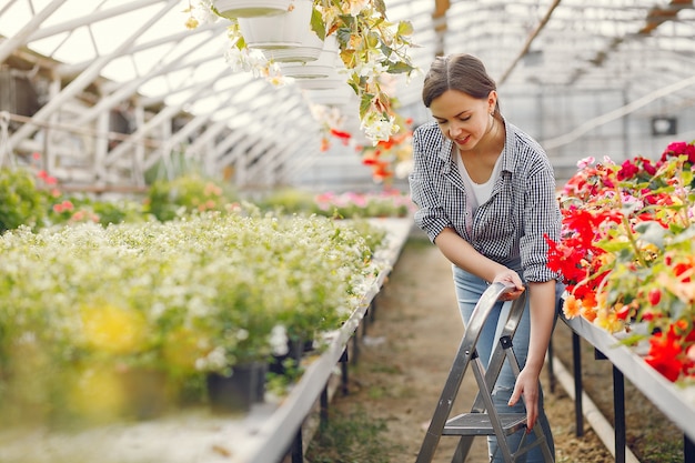Free photo woman in a blue shirt working in a greenhouse