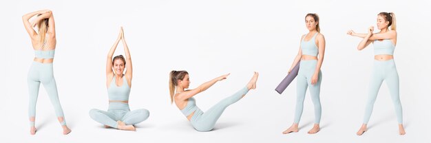 Женщина в синем спортивном бюстгальтере и леггинсах для йоги