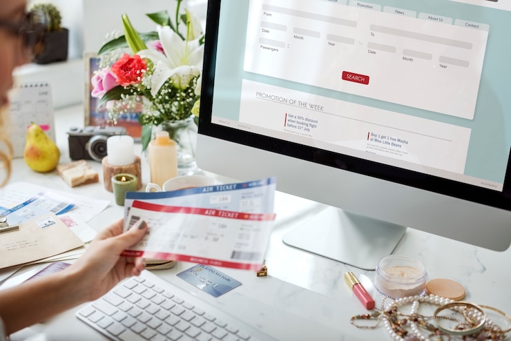 Free Photo woman booking ticket online