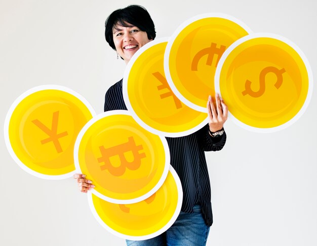 A woman carrying coin icons Free Photo