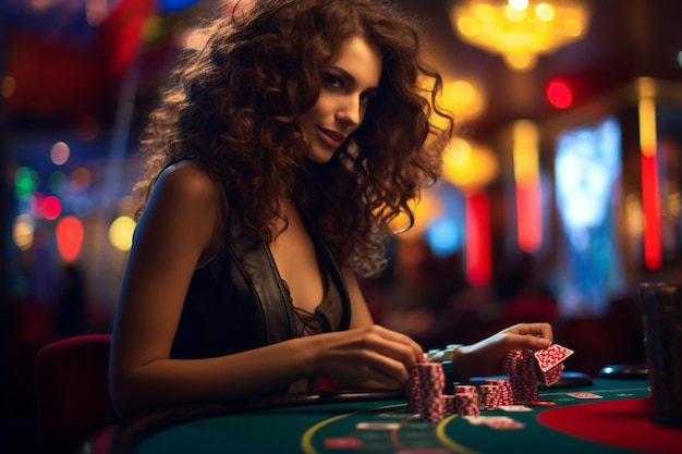 Free photo woman at the casino in a dress playing at the table