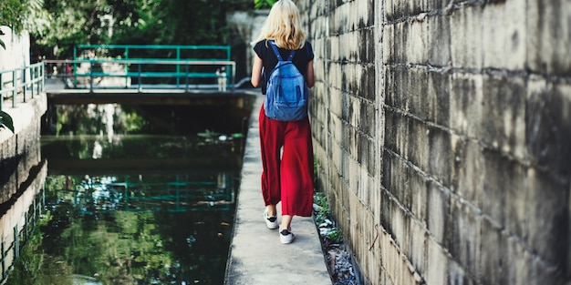 Woman Caucasian Traveler Tour Explore Canal Concept