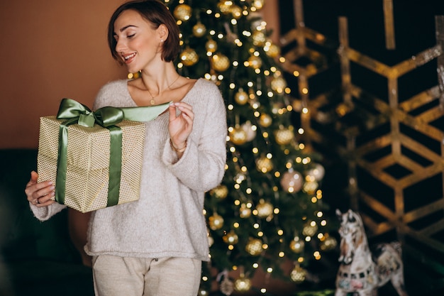 クリスマスツリーのクリスマスプレゼントを保持しているクリスマスの女性