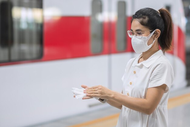 Женщина чистит руку влажной салфеткой в общественном транспорте, защищает от инфекции коронавируса (covid-19). концепции безопасности в поездках и личной гигиены