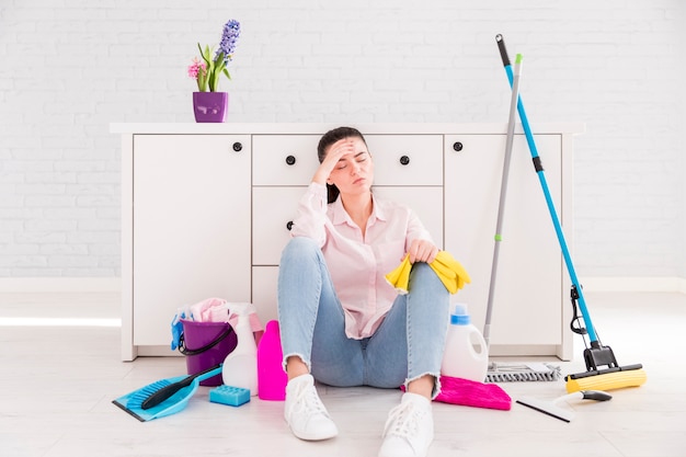 Woman cleaning her home