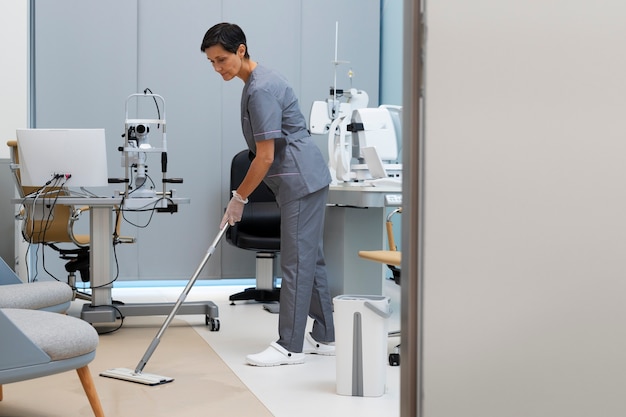 Woman cleaning ophthalmologist's office