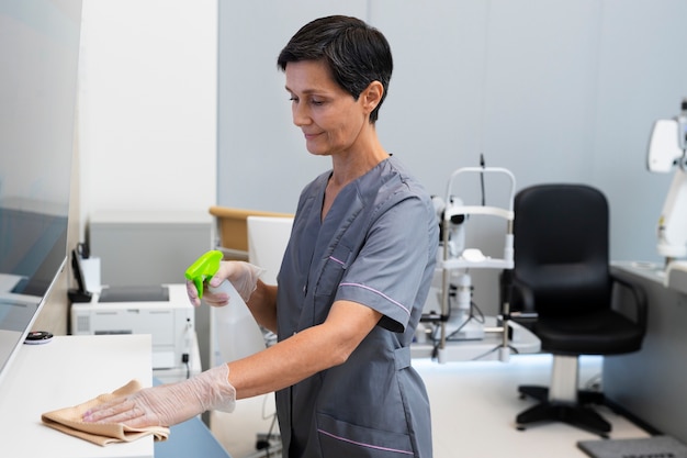 Free photo woman cleaning ophthalmologist's office