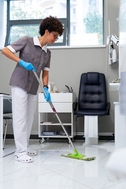 Woman cleaning ophthalmologist's office