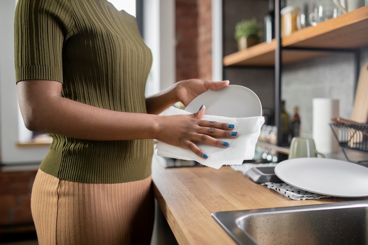 Free Photo woman cleaning plate in kitchen