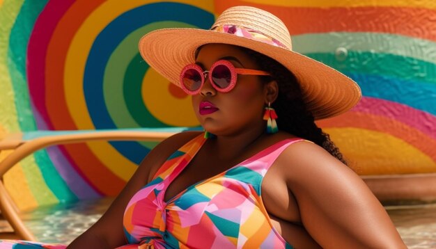 A woman in a colorful hat and sunglasses sits in front of a colorful wall.