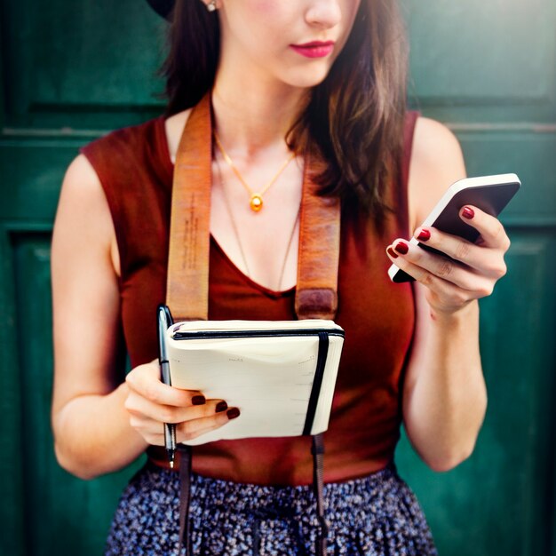 Woman Communicate Phone Outside City Concept