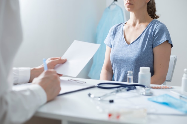 Woman at the consultation with a doctor. female at the appointment with a gynecologist. breast cancer .