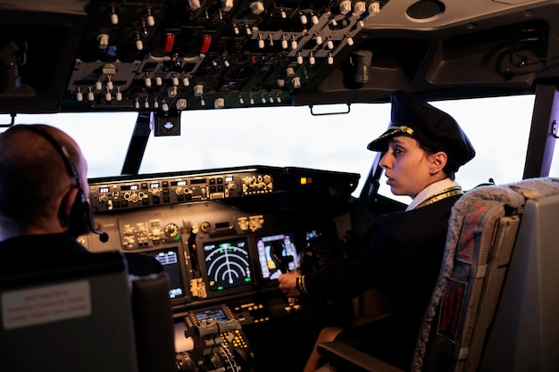 Copilota donna in aeroplano volante uniforme con pulsanti di comando della cabina di pilotaggio sul cruscotto della cabina. premendo l'interruttore del motore e del radar sulla scheda del pannello di controllo per pilotare il jet con la navigazione del traffico.