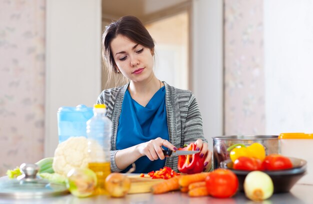 女性は赤唐辛子をカットする