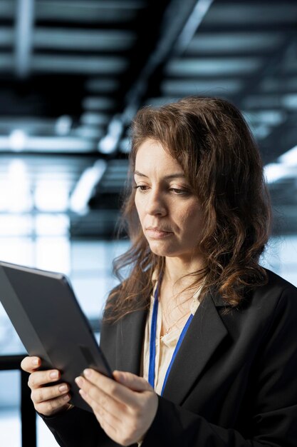 woman in data center operating tablet analyzing metrics