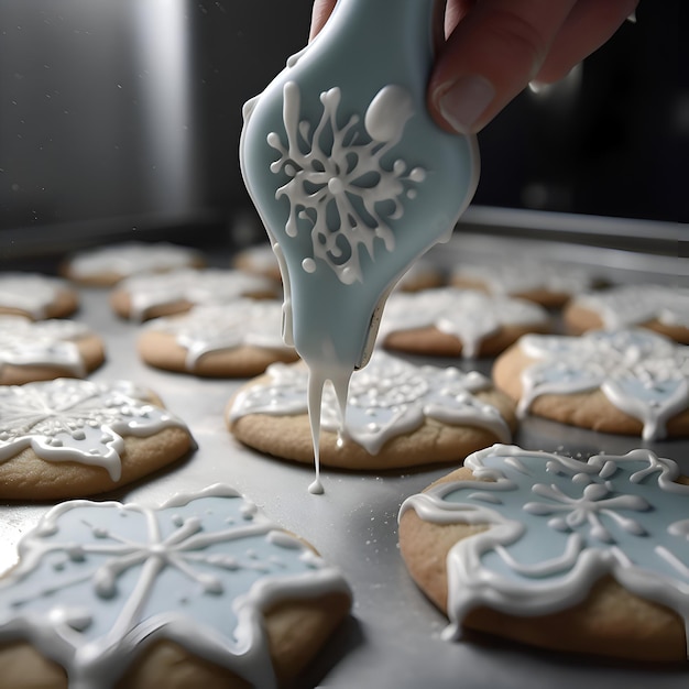 Free photo woman decorating christmas gingerbread cookies with icing sugar on baking tray