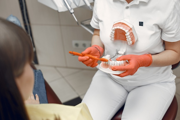Free photo woman in a dental chair. dentist teaches proper care.beauty treats her teeth