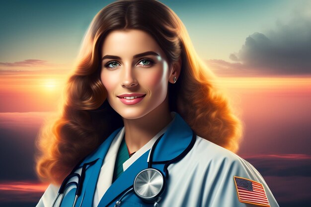 A woman in a doctor's uniform stands in front of a sunset.