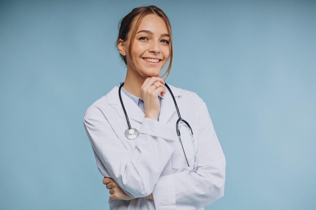 Woman doctor wearing lab coat with stethoscope isolated