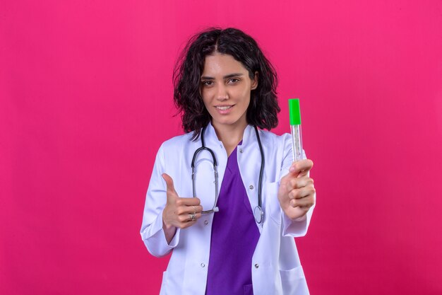 woman doctor wearing white coat with stethoscope holding thermometer in hand showing thumb up with happy face standing on isolated pink