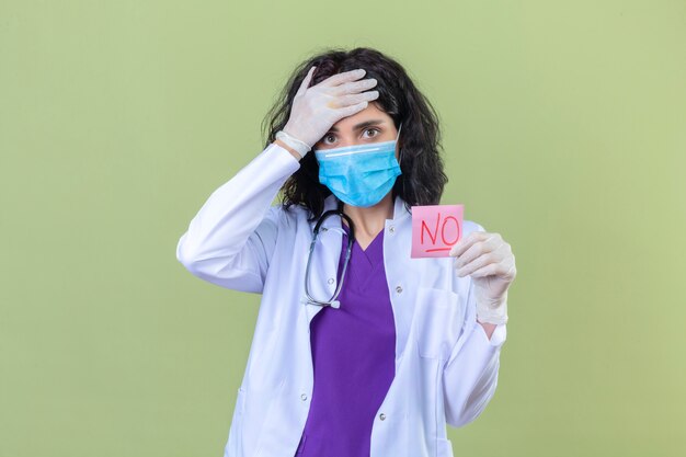 woman doctor wearing white coat with stethoscope in medical protective mask holding reminder paper with no word looking surprised touching head with hand on isolated green