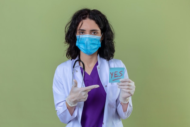 woman doctor wearing white coat with stethoscope in medical protective mask holding reminder paper with yes word pointing with finger to it with serious face on isolated green