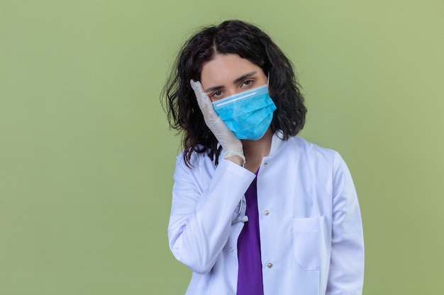 woman doctor wearing white coat with stethoscope in medical protective mask looking tired standing with hand on cheek feeling fatigue on isolated green