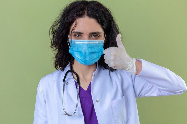 격리 된 녹색에 엄지 손가락을 보여주는 얼굴에 미소로 의료 보호 마스크에 청진 기 흰색 코트를 입고 여자 의사
