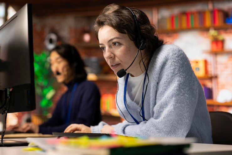 Free Photo woman doing customer service job using pc to troubleshoot client problems