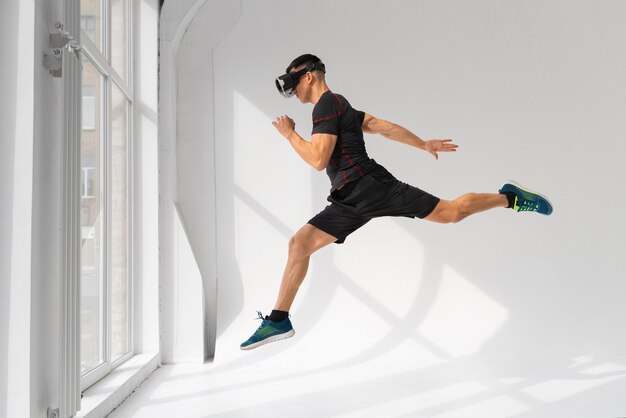 Woman  doing fitness with vr glasses