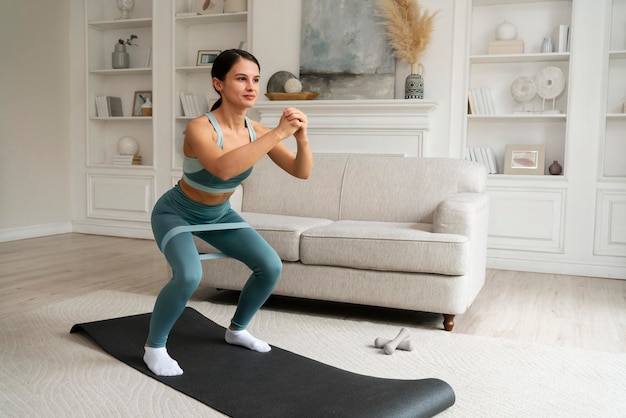 Женщина делает свою тренировку дома на фитнес-коврике