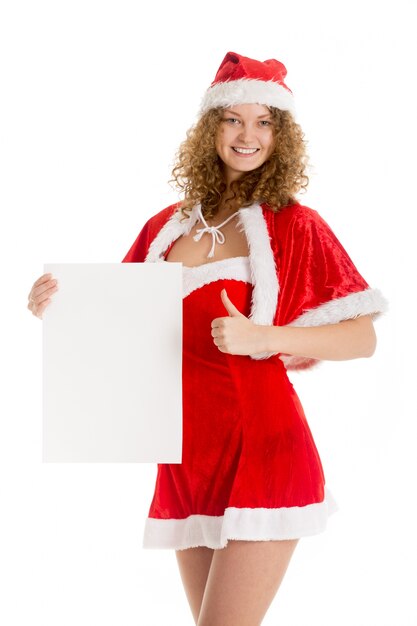 Woman dressed as santa with poster