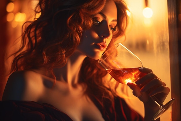 와인 초상화 한 잔 을 마시는 여자